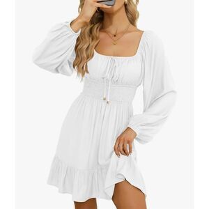 NWOT White Lantern Sleeve Dress L Square Neck Smocked Waist Ruffle Hem Short